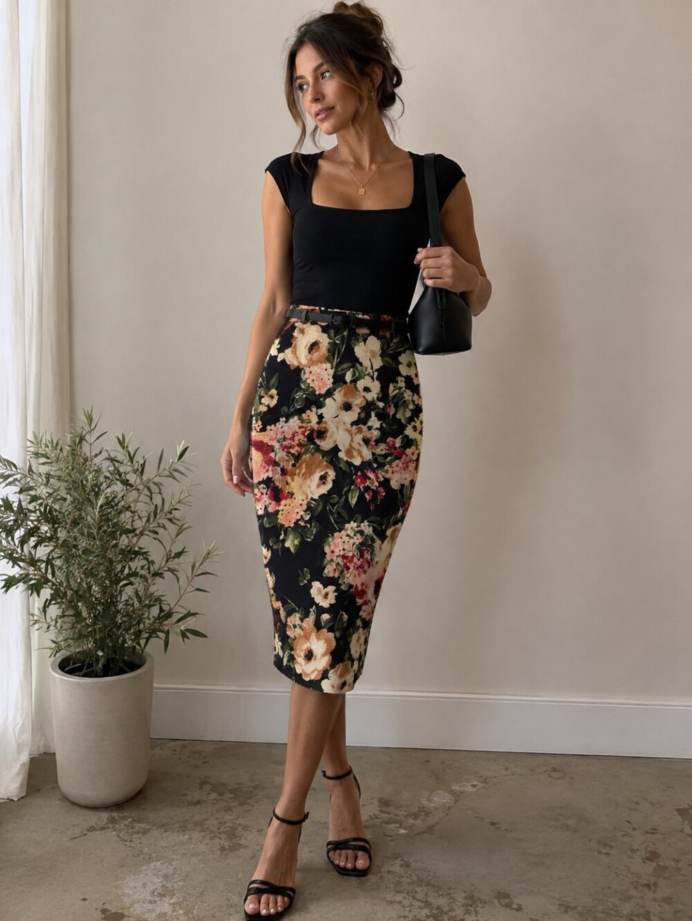 Y2K Vintage A'gaci Black Bodycon Skirt Floral Design